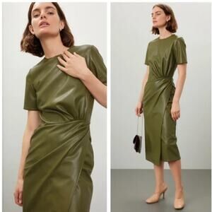 Shoshanna Rhea Dress Faux Leather Wrap Waist Midi Green 0